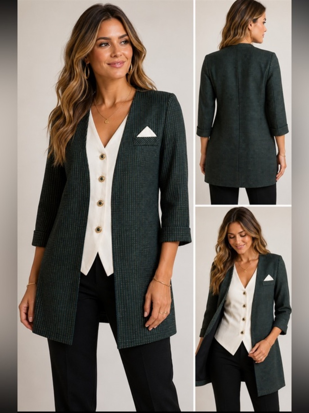 Vintage I.S.B. Green Gold Plaid Tuxedo Blazer Vest Top Size 12